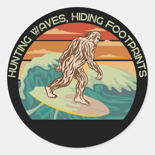 Surfing Bigfoot Hunting Waves Hiding Footprints Classic Round Sticker (Front)