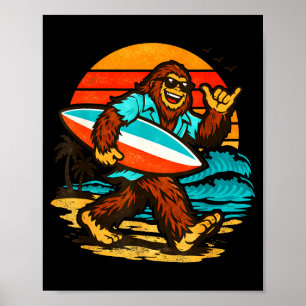Surfing bigfoot retro sunset beach tropical beach poster