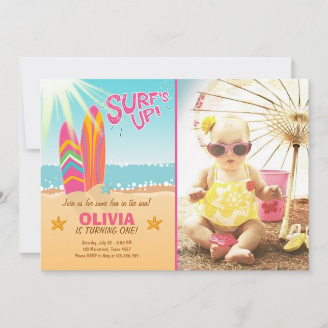 Surfing Birthday Invitation Surf's Up Beach Girl (Front)