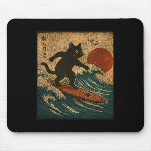 Surfing Black Cat Japanese Art Style Distressed Vi Mouse Pad