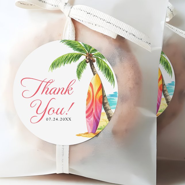 Surfing Board Summer Beach Thank You Favour Classic Round Sticker (Creator Uploaded)