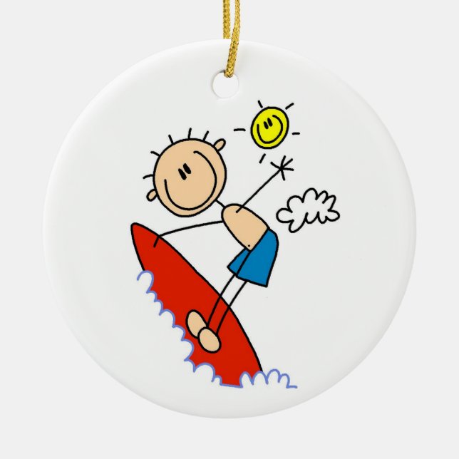 Surfing Boy Stick Figure Ceramic Ornament (Front)