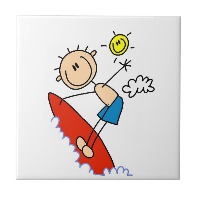 Surfing Boy Stick Figure Ceramic Tile (Front)