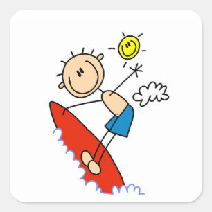 Surfing Boy Stick Figure Square Sticker