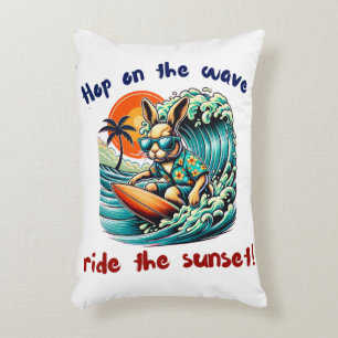 Surfing Bunny with Sunglasses Under Sunset Waves Decorative Cushion
