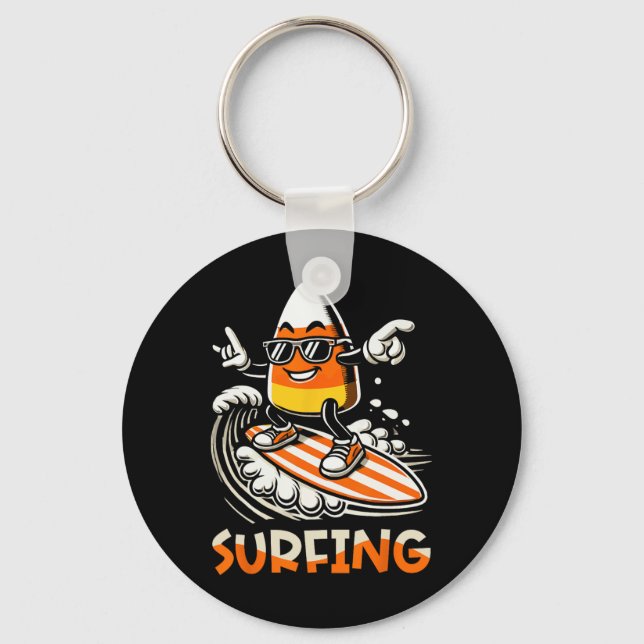 Surfing Candy Corn Funny Halloween Design  Key Ring (Front)