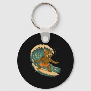 Surfing Cat Funny Beach Retro Cat On Surfboard Cat Key Ring