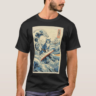 Surfing Cat Hokusai Great Wave Off Kanagawa Japane T-Shirt