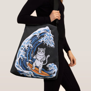 Surfing Cat on Epic Blue Wave – Cool Cartoon Ocean Crossbody Bag