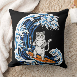 Surfing Cat on Epic Blue Wave – Cool Cartoon Ocean Cushion