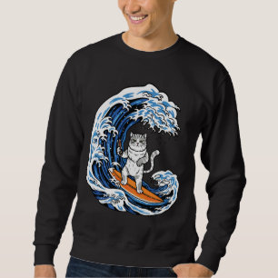 Surfing Cat on Epic Blue Wave – Cool Cartoon Ocean Sweatshirt