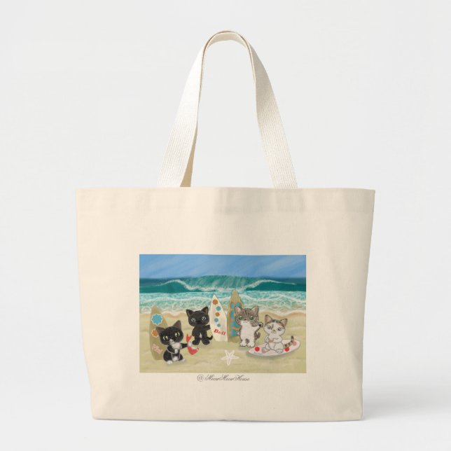 Surfing Cat on the beach (角カク）￥ Large Tote Bag (Front)
