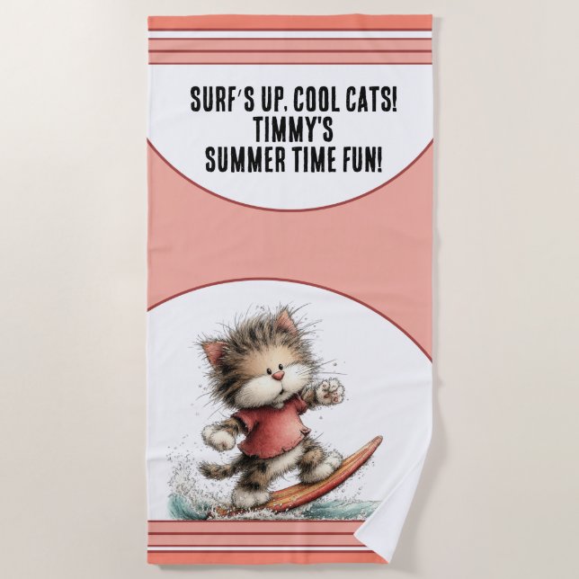 Surfing Cat Summer Fun Design Beach Towel (Front)