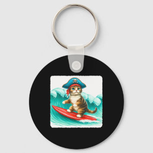 Surfing Cat With Pirate Hat On Surfboard. Waves Pl Key Ring
