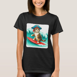 Surfing Cat With Pirate Hat On Surfboard. Waves Pl T-Shirt