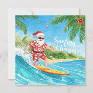 Surfing Christmas in Hawaii Tropical Santa Holiday Card