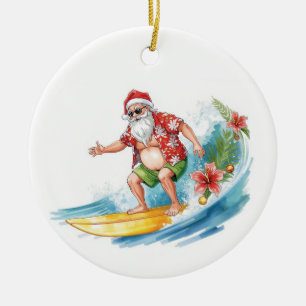 Surfing Christmas in Hawaii Tropical Santa Holiday Ceramic Ornament