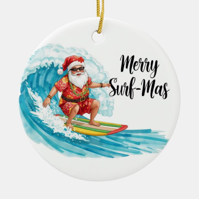 Surfing Christmas in Hawaii Tropical Santa Holiday Ceramic Ornament (Front)