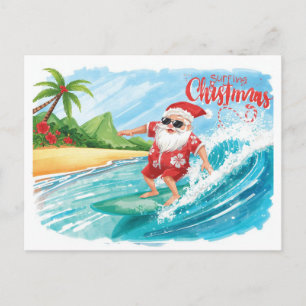 Surfing Christmas in Hawaii Tropical Santa Holiday Postcard