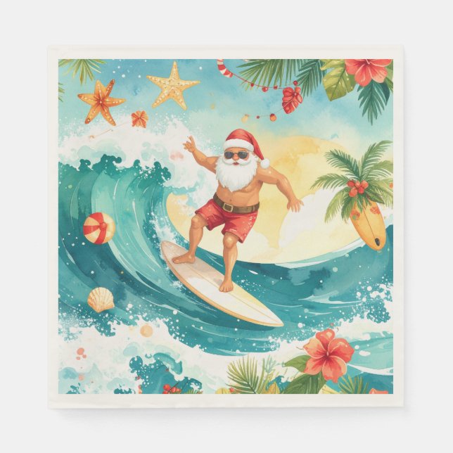 Surfing Christmas in Hawaii with Santa Claus  Napkin (Front)