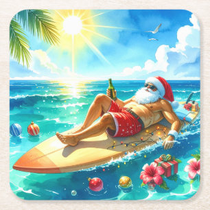 Surfing Christmas in Hawaii with Santa Claus Square Paper Coaster