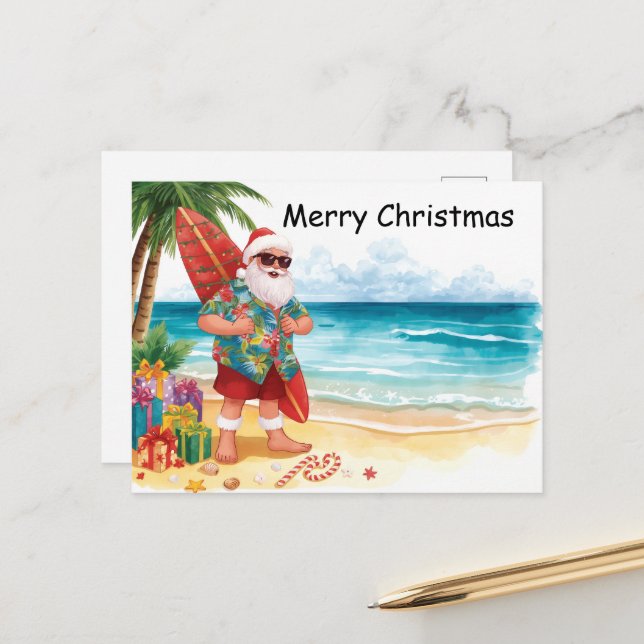 Surfing Christmas in July with SANTA CLAUS   Holiday Postcard (Front/Back In Situ)