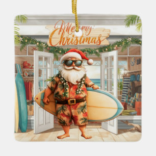 Surfing Christmas with Santa Claus Ceramic Ornament