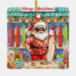 Surfing Christmas with Santa Claus surfer  Ceramic Ceramic Ornament