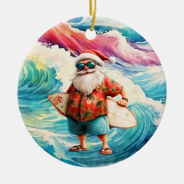 Surfing Christmas with Santa Claus surfer  Ceramic Ornament (Front)