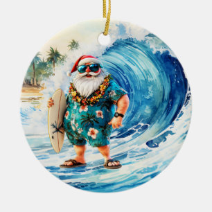 Surfing Christmas with Santa Claus surfer Ceramic Ornament