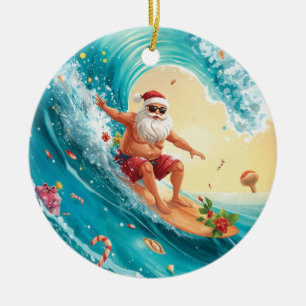 Surfing Christmas with Santa Claus surfer Ceramic Ornament