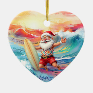 Surfing Christmas with Santa Claus surfer Ceramic Ornament