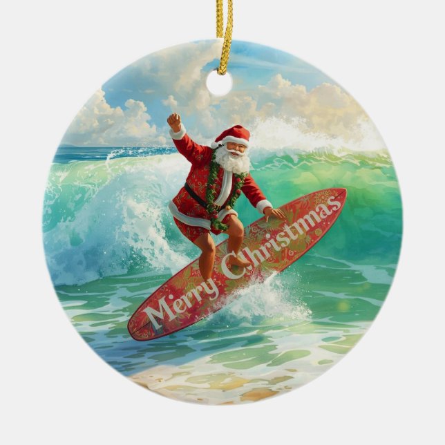 Surfing Christmas with Santa Claus surfer  Ceramic Ornament (Front)