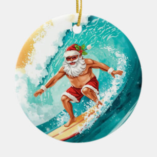 Surfing Christmas with Santa Claus surfer Ceramic Ornament