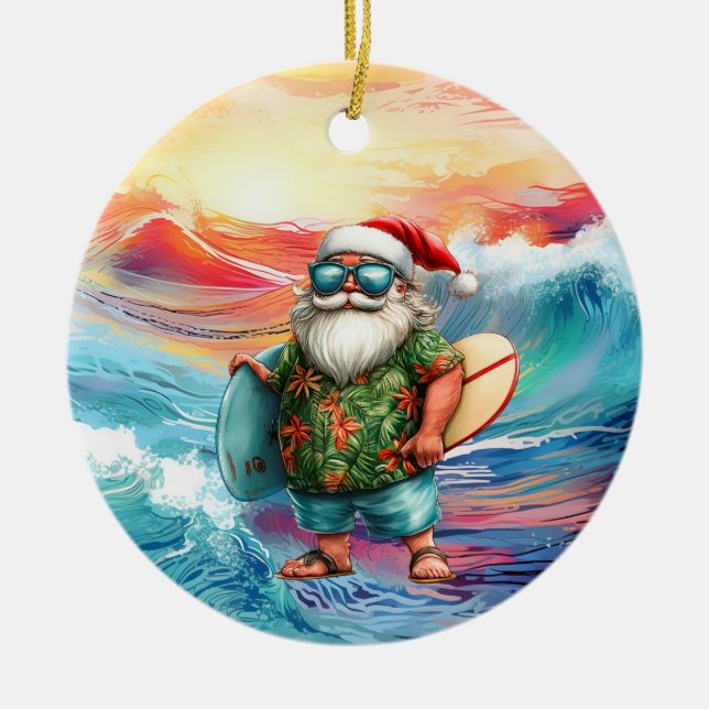 Surfing Christmas with Santa Claus surfer  Ceramic Ornament (Front)