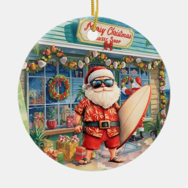 Surfing Christmas with Santa Claus surfer  Ceramic Ornament (Front)