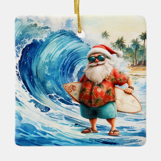 Surfing Christmas with Santa Claus surfer  Ceramic Ornament (Front)