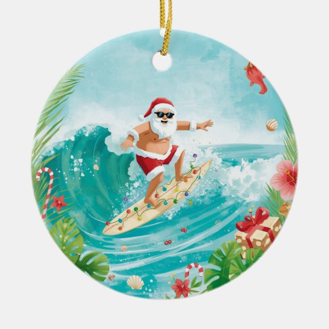 Surfing Christmas with Santa Claus surfer  Ceramic Ornament (Front)