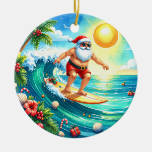Surfing Christmas with Santa Claus surfer Ceramic Ornament