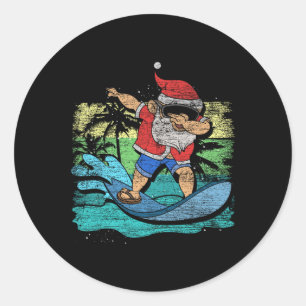 Surfing Dabbing Santa Claus Funny Tropical Christm Classic Round Sticker