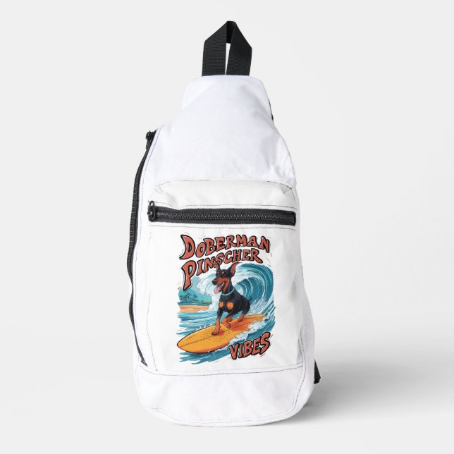 Surfing Doberman Pinscher Riding Tropical Wave Sling Bag (Front)