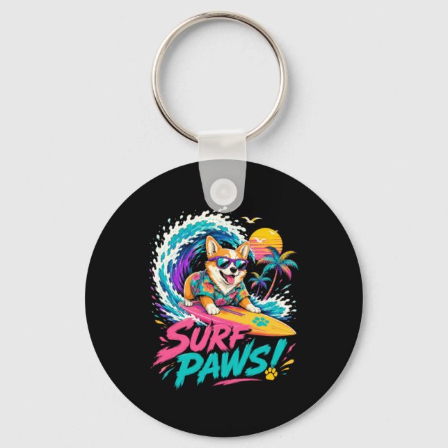 Surfing Dog Beach Vibes Key Ring (Front)