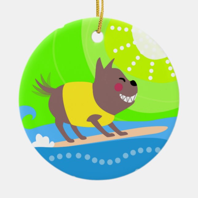 Surfing Dog Ceramic Ornament (Front)