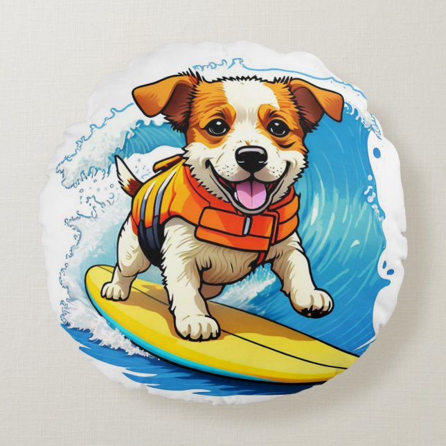 Surfing Dog Round Cushion (Front)