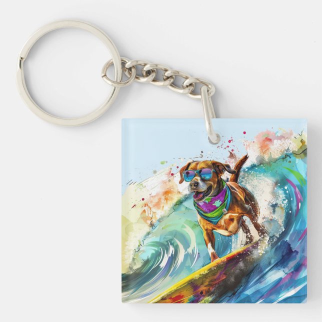 Surfing Dog – Summer Fun Beach Pup Illustration Key Ring (Front)