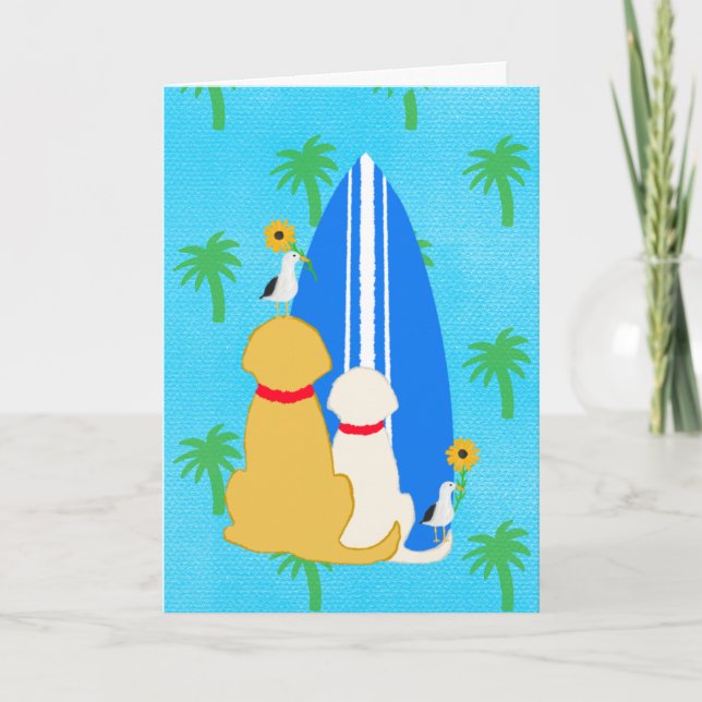 Surfing Dogs with Seagulls and Flowers Card (Front)