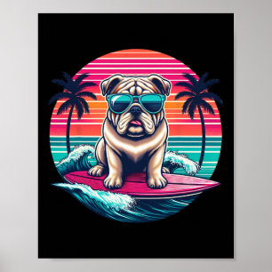 Surfing English Bulldog Retro Sunset Men Women Kid Poster
