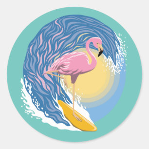 Surfing Flamingo Graphic Illustration Classic Round Sticker