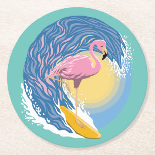 Surfing Flamingo Graphic Illustration Round Paper Coaster