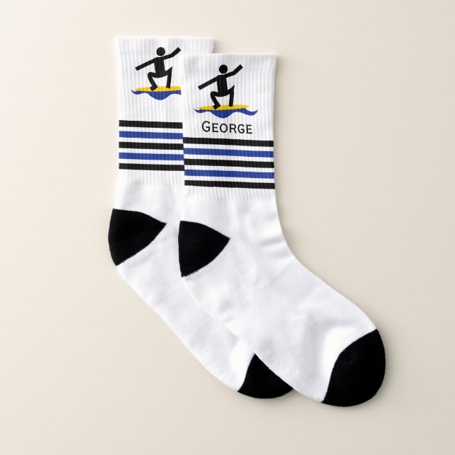 Surfing gifts, surfer his surfboard and stripes socks (Pair)